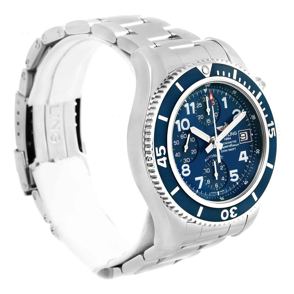 The image shows a Breitling Superocean A13311 Men's Stainless Steel Blue Dial A13311 Men's Stainless Steel Blue Dial watch at a slight angle, highlighting its blue dial, bezel, and metal bracelet.