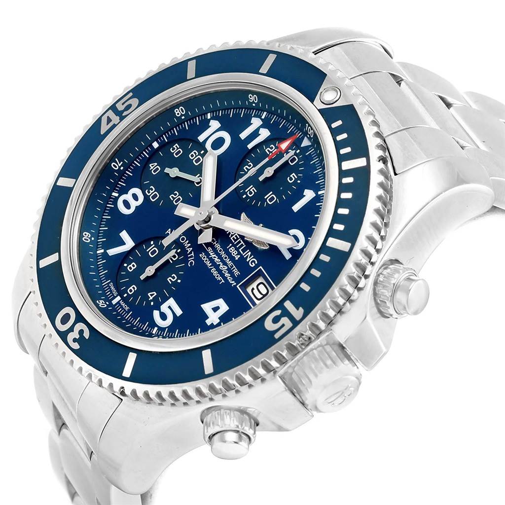 The Breitling Superocean A13311 Men's Stainless Steel Blue Dial A13311 Men's Stainless Steel Blue Dial watch is shown at a three-quarter angle, highlighting its blue dial, bezel, crown, and metal bracelet.