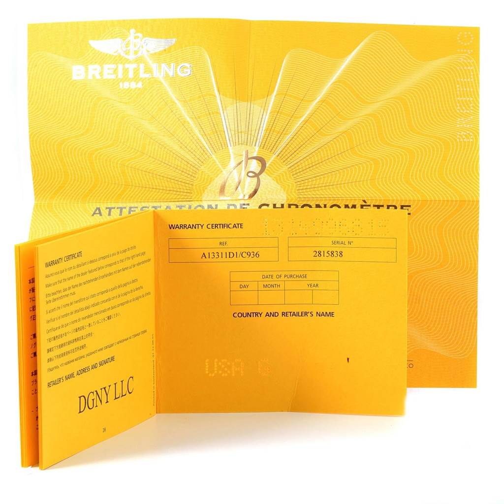 The image shows the warranty certificate and chronometer attestation for a Breitling Superocean A13311 Men's Stainless Steel Blue Dial A13311 Men's Stainless Steel Blue Dial watch.