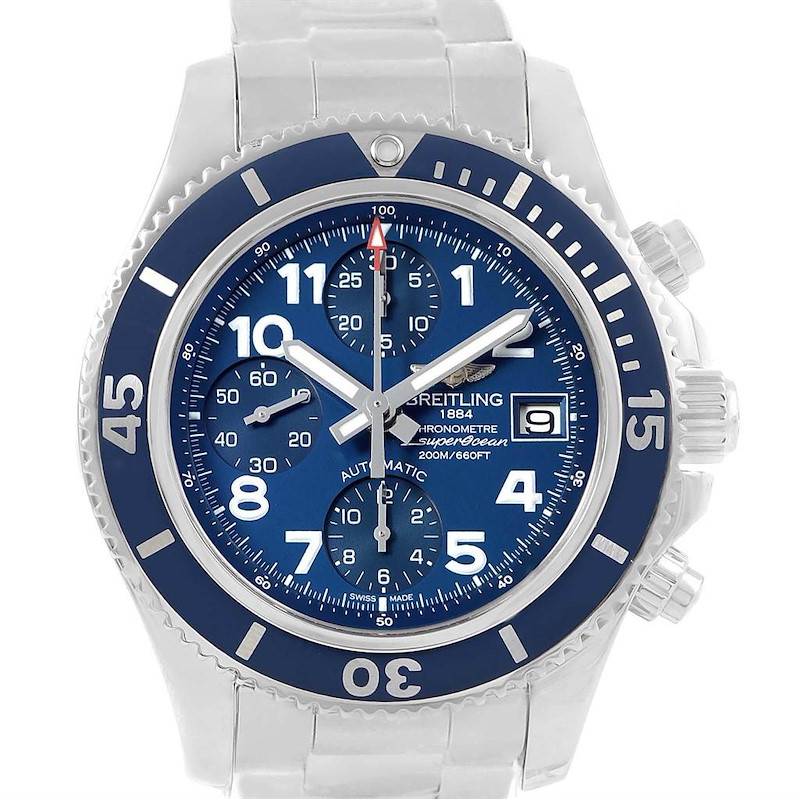 The image shows a front view of a Breitling Superocean A13311 Men's Stainless Steel Blue Dial A13311 Men's Stainless Steel Blue Dial watch, highlighting its blue dial, bezel, and stainless steel bracelet.