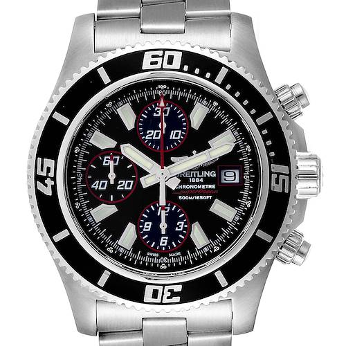 The image shows a frontal view of a Breitling Superocean A13341 Men's Stainless Steel Black Dial A13341 Men's Stainless Steel Black Dial watch, including its bezel, dial, and bracelet.