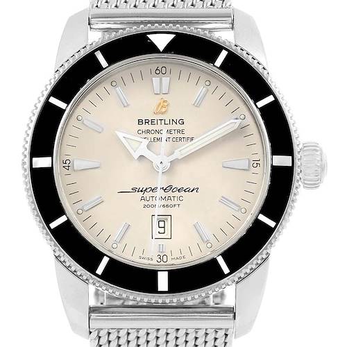 The image shows a front view of a Breitling Superocean A17320 Men's Stainless Steel Silver Dial A17320 Men's Stainless Steel Silver Dial watch, highlighting the dial, hands, bezel, and the top part of the metal strap.