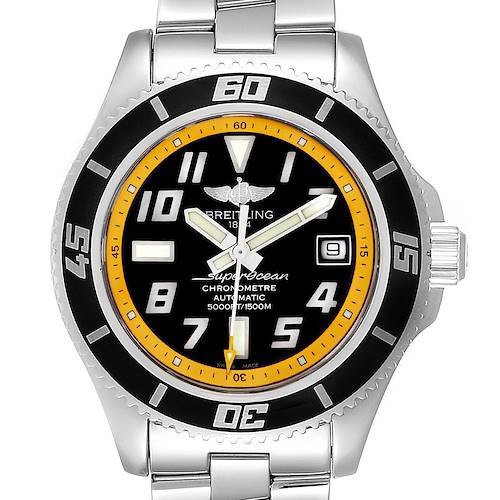 The image shows a front view of the Breitling Superocean A17364 Men's Stainless Steel Black Dial A17364 Men's Stainless Steel Black Dial watch displaying the dial, bezel, crown, and part of the metal bracelet.