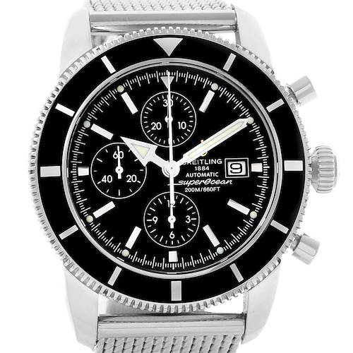 The image shows a front view of the Breitling Superocean A13320 Men's Stainless Steel Black Dial A13320 Men's Stainless Steel Black Dial watch displaying its dial, chronograph sub-dials, and crown.