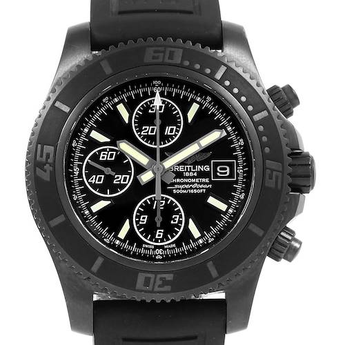 This image shows a front view of the Breitling Superocean M18341 Men's Stainless Steel Black Dial M18341 Men's Stainless Steel Black Dial watch including its dial, bezel, and chronograph subdials.