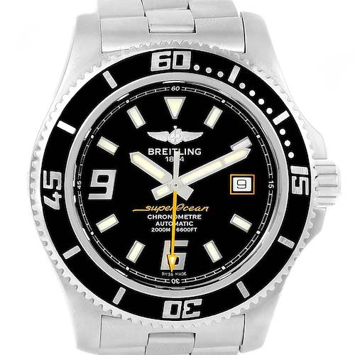 The image shows a front view of the Breitling Superocean A17391 Men's Stainless Steel Black Dial A17391 Men's Stainless Steel Black Dial watch, highlighting its face, bezel, and stainless steel bracelet.