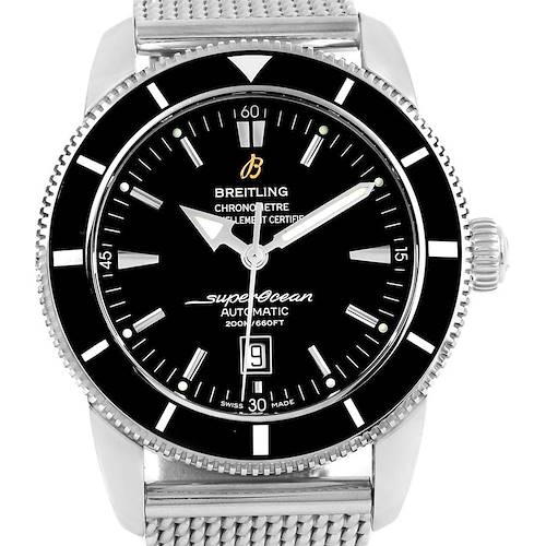 The image shows a front view of a Breitling Superocean A17320 Men's Stainless Steel Black Dial A17320 Men's Stainless Steel Black Dial watch, displaying its face, bezel, and portion of the strap.