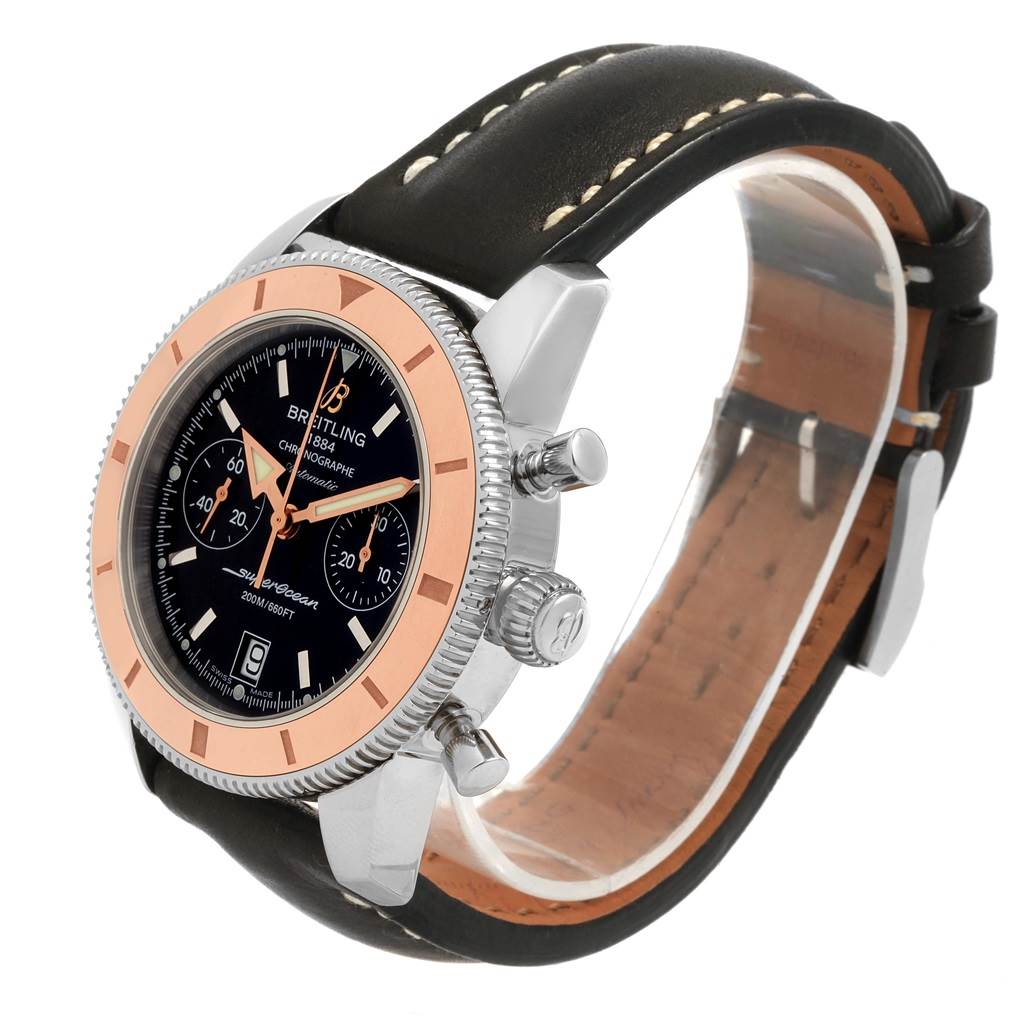 The image shows a side and angled view of the Breitling Superocean U2337012/BB81-435X Men's Stainless Steel Black Dial U2337012/BB81-435X Men's Stainless Steel Black Dial watch, highlighting the face, bezel, pushers, and leather strap.