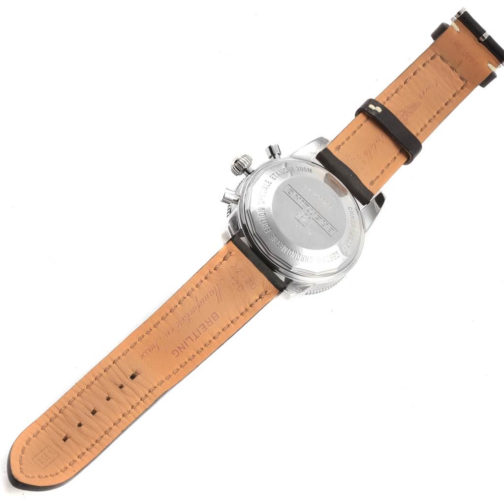 The image shows the back of a Breitling Superocean U2337012/BB81-435X Men's Stainless Steel Black Dial U2337012/BB81-435X Men's Stainless Steel Black Dial watch, featuring the leather strap and stainless steel case back.