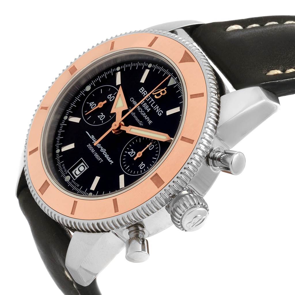 The image shows a Breitling Superocean U2337012/BB81-435X Men's Stainless Steel Black Dial U2337012/BB81-435X Men's Stainless Steel Black Dial watch from an angled side view, highlighting the face, bezel, crown, and pushers.