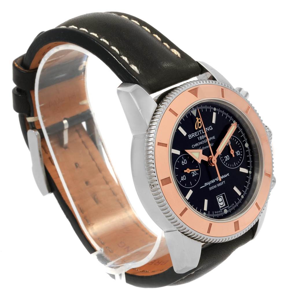 The image shows a Breitling Superocean U2337012/BB81-435X Men's Stainless Steel Black Dial U2337012/BB81-435X Men's Stainless Steel Black Dial watch angled to display the face, crown, case, and leather strap.