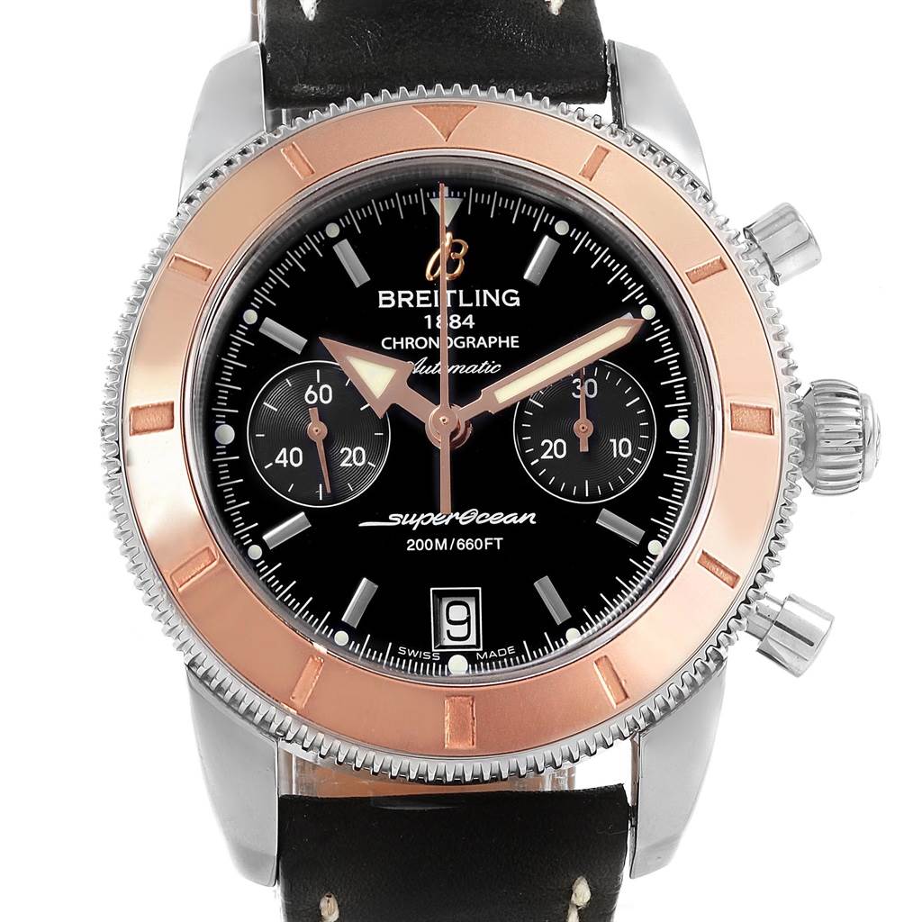 The image shows a front view of a Breitling Superocean U2337012/BB81-435X Men's Stainless Steel Black Dial U2337012/BB81-435X Men's Stainless Steel Black Dial watch, featuring its face, bezel, crown, and leather strap.