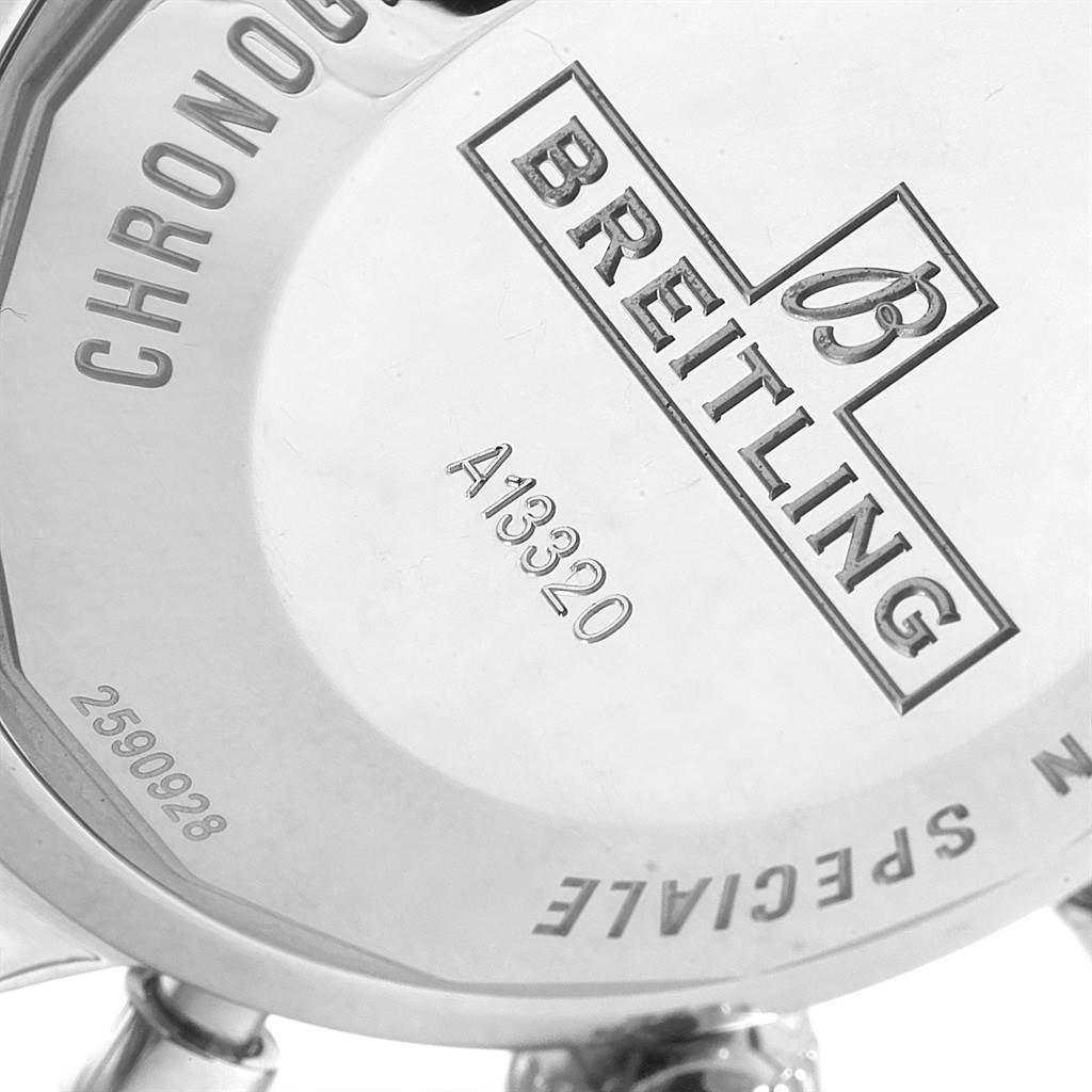 This image shows the backside of the Breitling Superocean A13320 Men's Stainless Steel Blue Dial A13320 Men's Stainless Steel Blue Dial watch, highlighting the engraved brand name and model number.