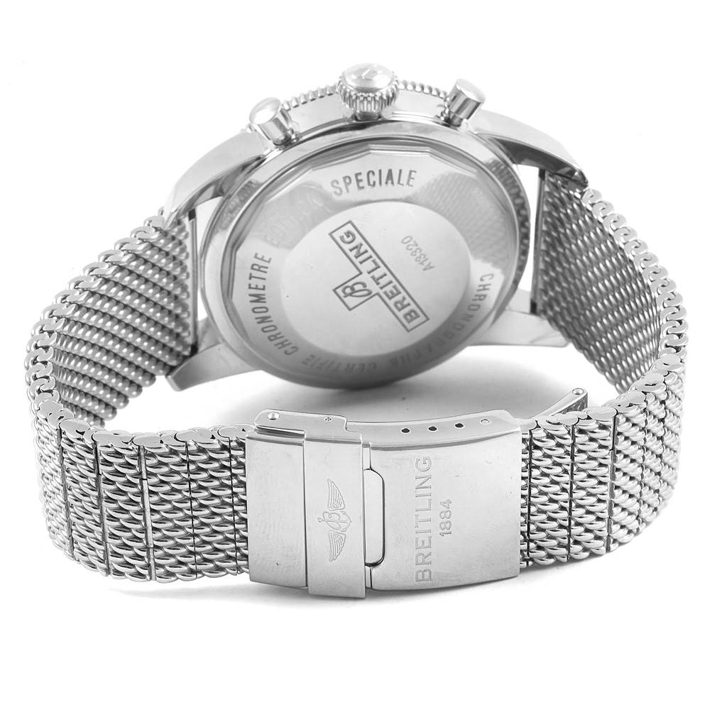 This image shows the back case and mesh bracelet of a Breitling Superocean A13320 Men's Stainless Steel Blue Dial A13320 Men's Stainless Steel Blue Dial watch from a rear angle.