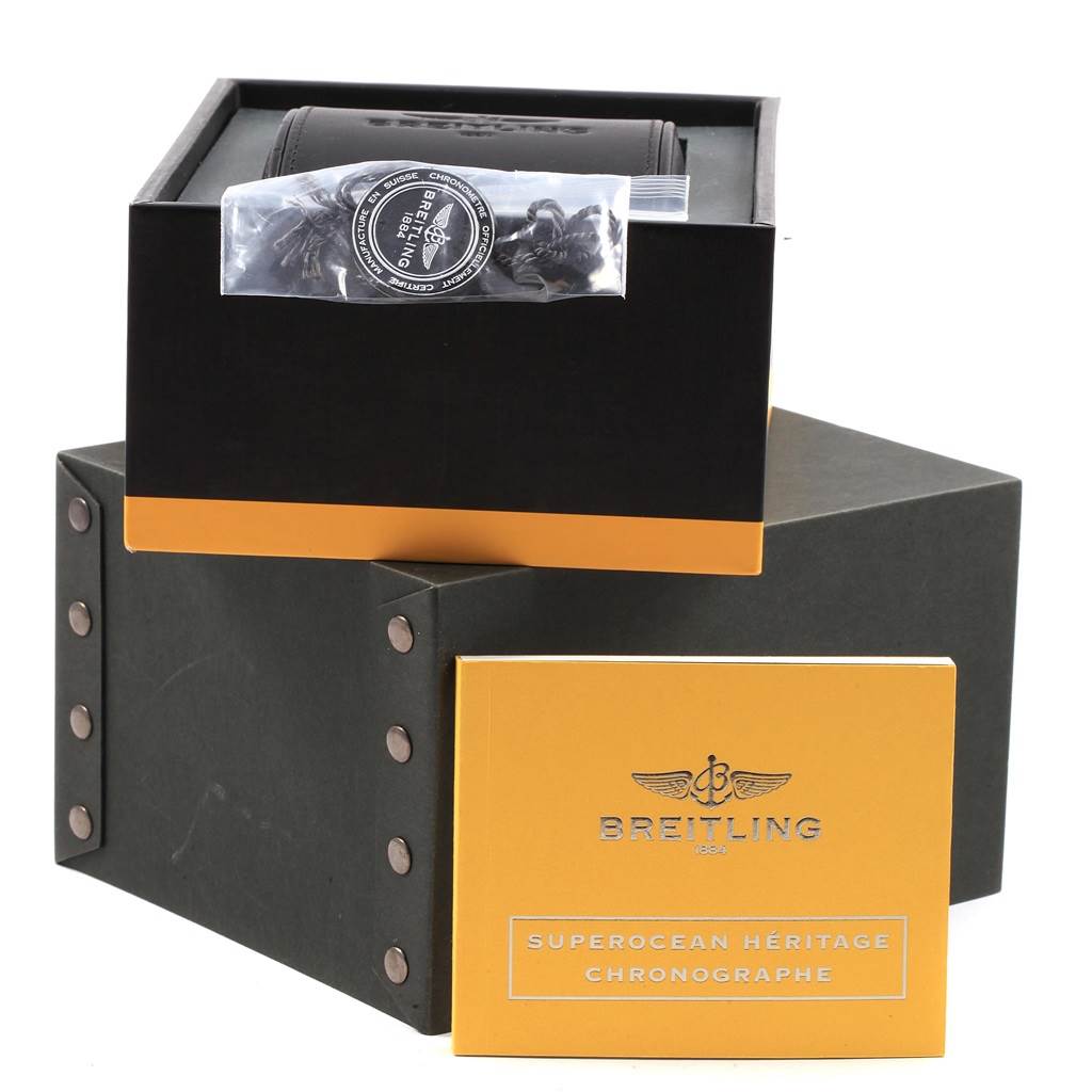 The image shows the packaging, manual, and accessories (tags) for a Breitling Superocean A13320 Men's Stainless Steel Blue Dial A13320 Men's Stainless Steel Blue Dial watch.