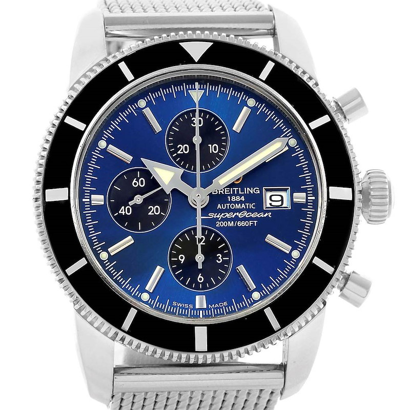 The image shows a front view of the Breitling Superocean A13320 Men's Stainless Steel Blue Dial A13320 Men's Stainless Steel Blue Dial watch, displaying its blue dial, three sub-dials, and mesh bracelet.