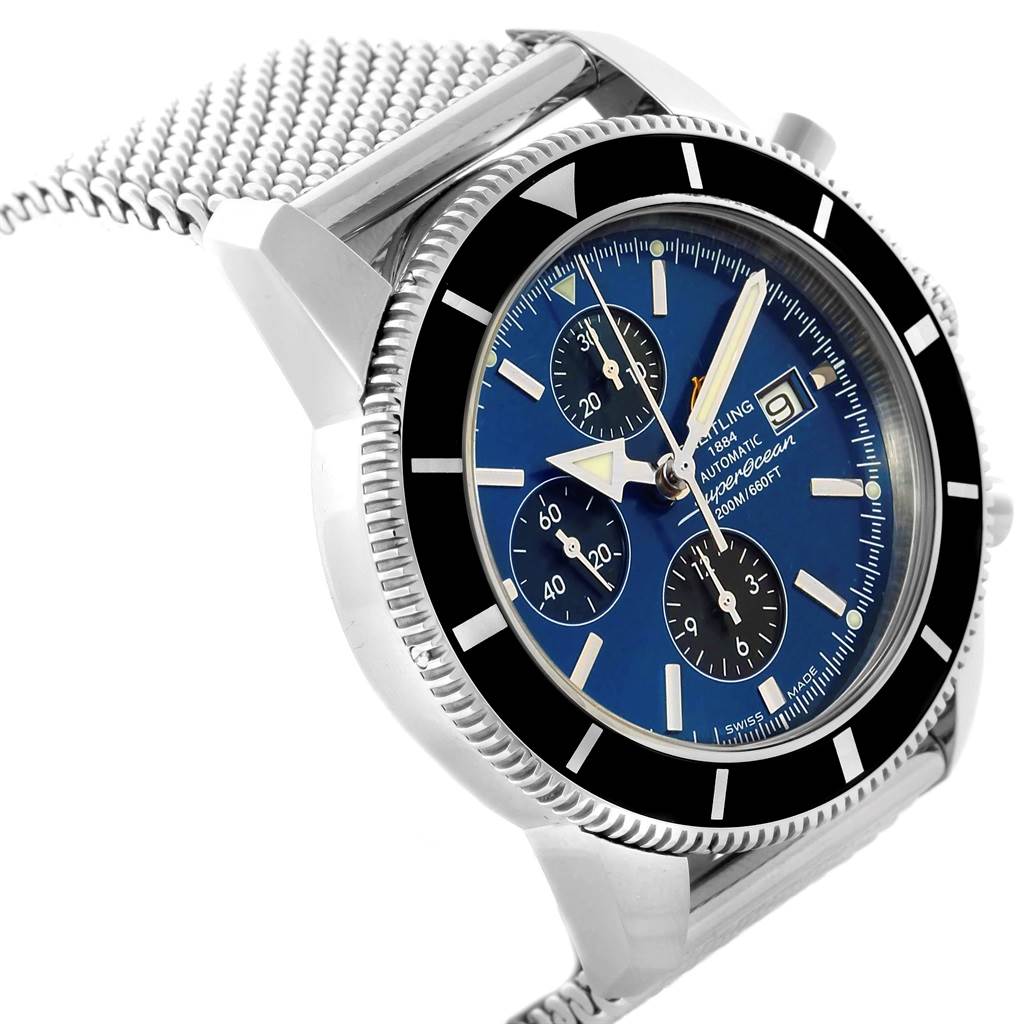 The Breitling Superocean A13320 Men's Stainless Steel Blue Dial A13320 Men's Stainless Steel Blue Dial watch is shown at an angle highlighting the face with chronograph subdials and a mesh metal strap.