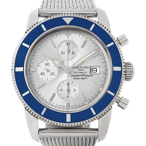 The image shows a front view of a Breitling Superocean A13320 Men's Stainless Steel Silver Dial A13320 Men's Stainless Steel Silver Dial watch, highlighting its dial, bezel, hands, and chronograph subdials.