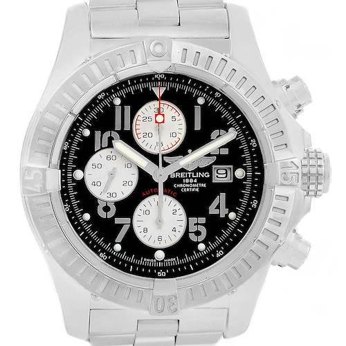 The image shows a front view of a Breitling Avenger A13370 Men's Stainless Steel Black Dial A13370 Men's Stainless Steel Black Dial watch, highlighting its dial, bezel, and stainless steel bracelet.