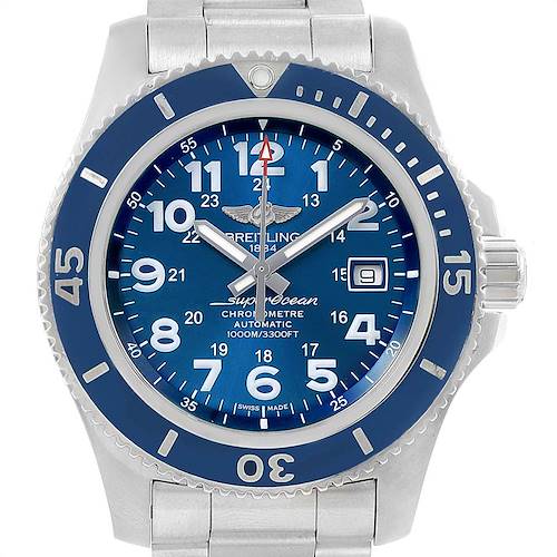 This Breitling Superocean A17392 Men's Stainless Steel Blue Dial A17392 Men's Stainless Steel Blue Dial watch is shown from the front, displaying its blue dial, bezel, and partially visible metal band.