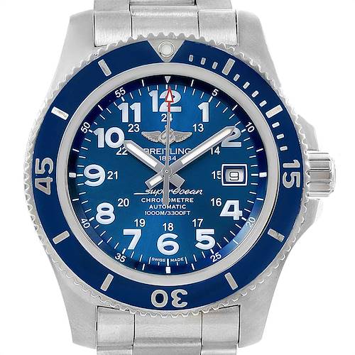 The image shows a Breitling Superocean A17392D8/C910 Men's Stainless Steel Blue Dial A17392D8/C910 Men's Stainless Steel Blue Dial watch from a front angle, featuring its blue dial, bezel, and stainless steel bracelet.