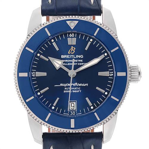 The image shows a front view of the Breitling Superocean AB2010 Men's Stainless Steel Blue Dial AB2010 Men's Stainless Steel Blue Dial watch, displaying the dial, bezel, hands, and crown.