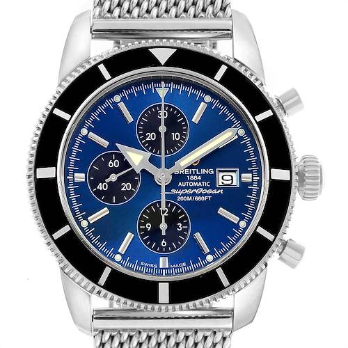 This Breitling Superocean A13320 Men's Stainless Steel Blue Dial A13320 Men's Stainless Steel Blue Dial watch is shown from the front, displaying its blue dial, chronograph sub-dials, date window, and stainless steel mesh bracelet.