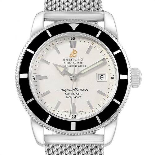 The Breitling Superocean A17321 Men's Stainless Steel Silver Dial A17321 Men's Stainless Steel Silver Dial watch is shown from a front angle, displaying its face, bezel, mesh bracelet, and crown.