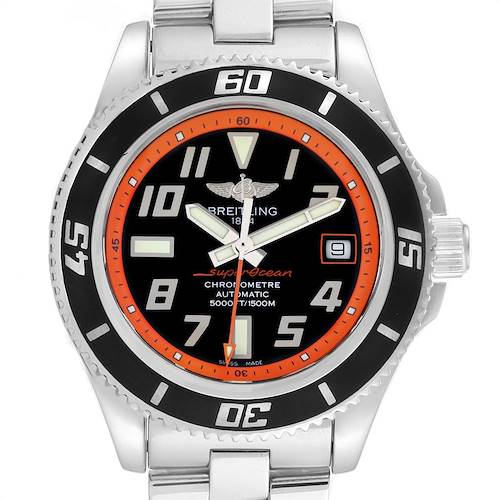 The image shows a front view of the Breitling Superocean A17364 Men's Stainless Steel Black Dial A17364 Men's Stainless Steel Black Dial watch, highlighting the bezel, dial, markers, and stainless steel bracelet.