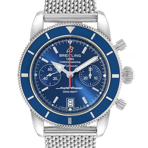 The image shows a frontal view of a Breitling Superocean A2337 Men's Stainless Steel Blue Dial A2337 Men's Stainless Steel Blue Dial watch with a blue dial, mesh bracelet, and chronograph subdials.
