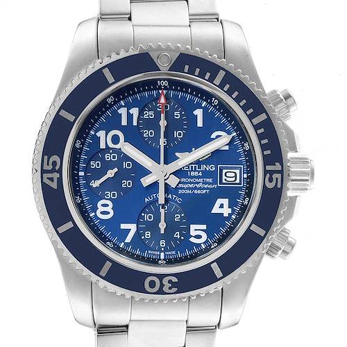 This image shows a front view of the Breitling Superocean A13311 Men's Stainless Steel Blue Dial A13311 Men's Stainless Steel Blue Dial watch, featuring its bezel, dial, and bracelet.