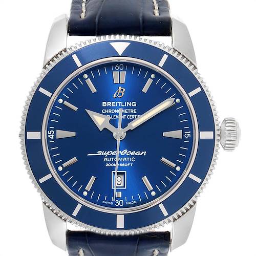 This is a front view of the Breitling Superocean A17320 Men's Stainless Steel Blue Dial A17320 Men's Stainless Steel Blue Dial watch showing the dial, bezel, hands, and a portion of the strap.