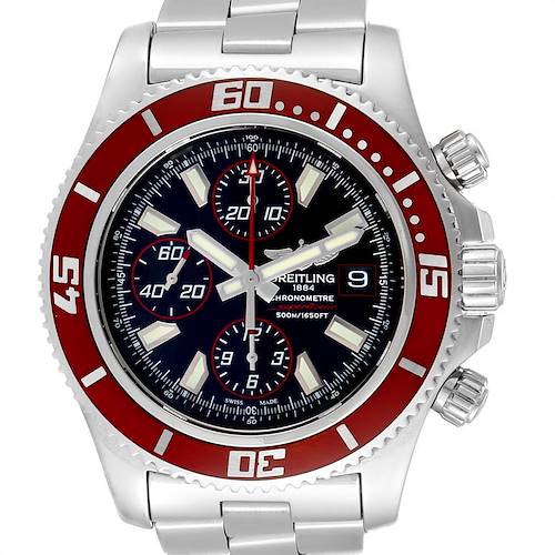 The image shows a frontal view of a Breitling Superocean A13341 Men's Stainless Steel Black Dial A13341 Men's Stainless Steel Black Dial watch with a red bezel and three sub-dials.