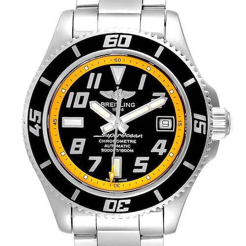 The image shows a front view of the Breitling Superocean A17364 Men's Stainless Steel Black Dial A17364 Men's Stainless Steel Black Dial watch, highlighting its bezel, dial, markers, and bracelet.