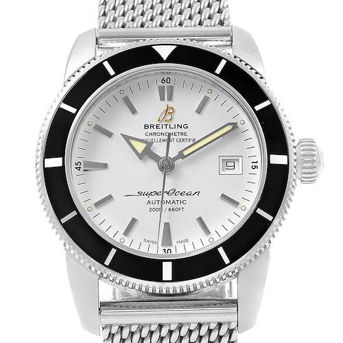 The image shows a front view of a Breitling Superocean A17321 Men's Stainless Steel Silver Dial A17321 Men's Stainless Steel Silver Dial watch, detailing the dial, hands, bezel, and a portion of the mesh bracelet.