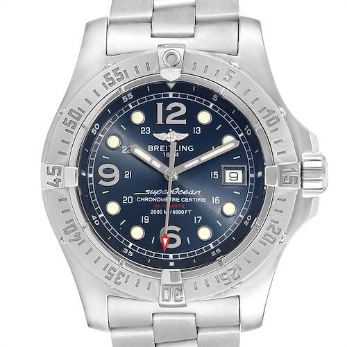 This image shows a front view of the Breitling Superocean A17390 Men's Stainless Steel Blue Dial A17390 Men's Stainless Steel Blue Dial watch, displaying its face, bezel, crown, and part of the bracelet.