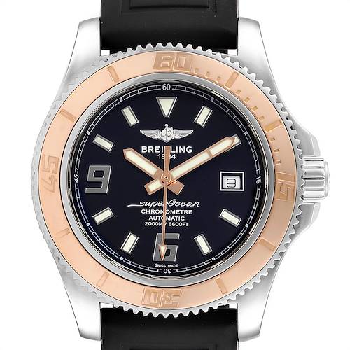 This image shows a frontal view of a Breitling Superocean C17391 Men's Stainless Steel Black Dial C17391 Men's Stainless Steel Black Dial watch with a black dial and a two-tone bezel.