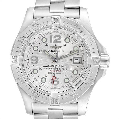 The image shows the face and partial bracelet of a Breitling Superocean A17390 Men's Stainless Steel Silver Dial A17390 Men's Stainless Steel Silver Dial watch, viewed from the front.