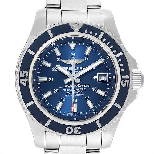 The image shows a front view of a Breitling Superocean A17391 Men's Stainless Steel Blue Dial A17391 Men's Stainless Steel Blue Dial watch, displaying the dial, bezel, and part of the metal bracelet.