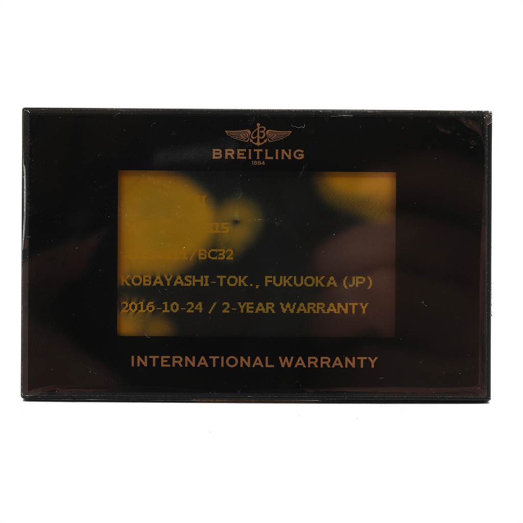 The image shows the international warranty card for a Breitling Avenger A13381 Men's Stainless Steel Black Dial A13381 Men's Stainless Steel Black Dial watch viewed from the front.