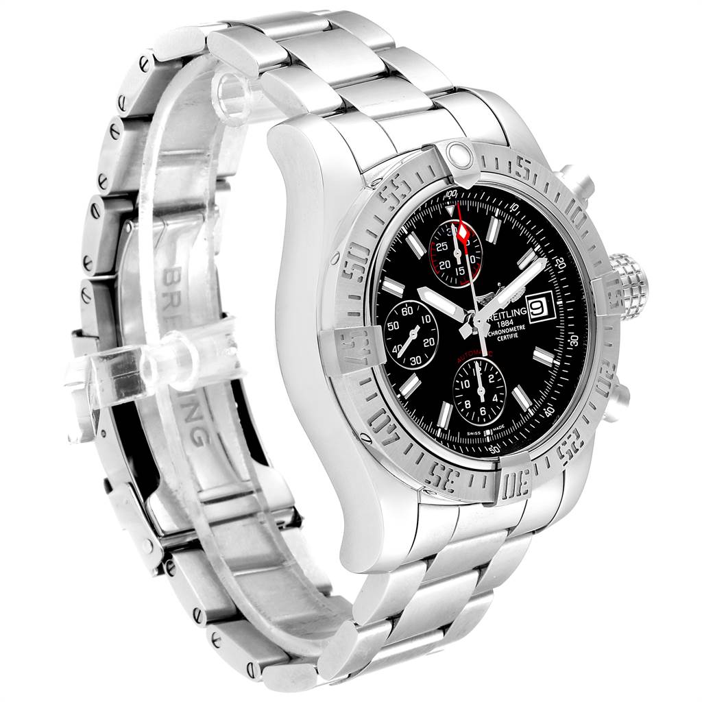 The image shows a Breitling Avenger A13381 Men's Stainless Steel Black Dial A13381 Men's Stainless Steel Black Dial watch from a front three-quarter angle, highlighting its face, bezel, and metal bracelet.