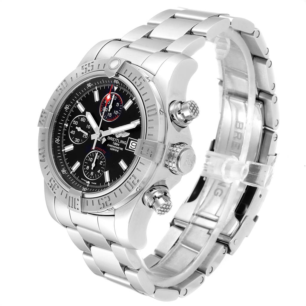 The image shows a Breitling Avenger A13381 Men's Stainless Steel Black Dial A13381 Men's Stainless Steel Black Dial watch at a three-quarter angle, displaying the face, bezel, and part of the metal bracelet.