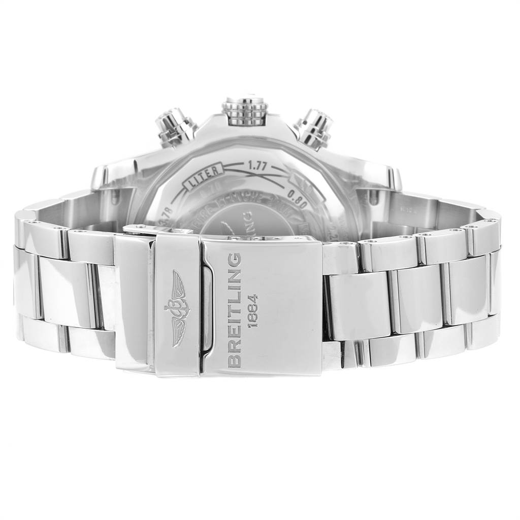 The image shows the back view of a Breitling Avenger A13381 Men's Stainless Steel Black Dial A13381 Men's Stainless Steel Black Dial watch, focusing on the stainless steel clasp and bracelet.