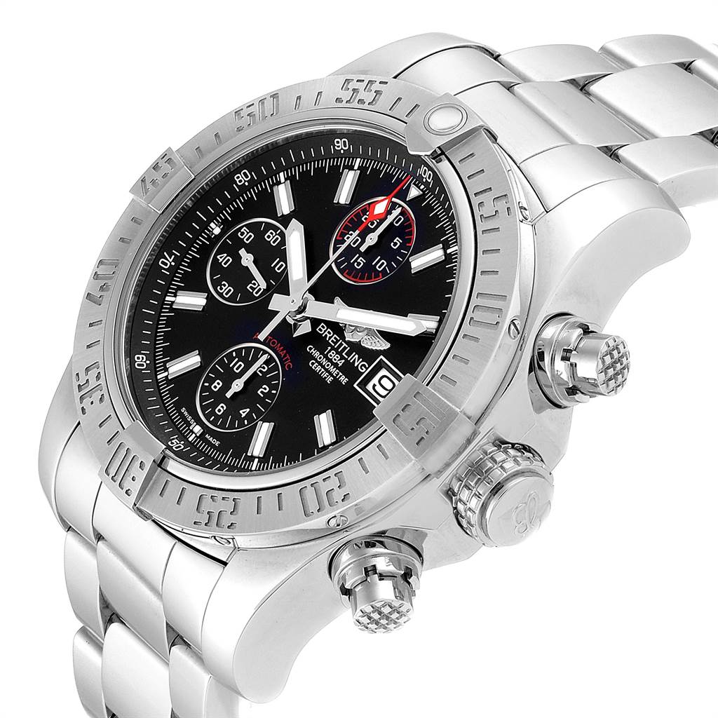 The Breitling Avenger A13381 Men's Stainless Steel Black Dial A13381 Men's Stainless Steel Black Dial watch is shown in an angled view highlighting its dial, bezel, and bracelet.