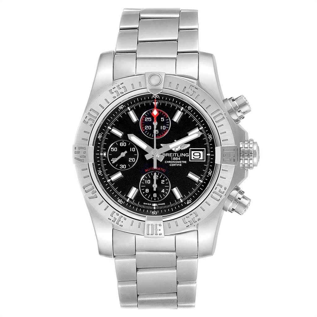 The Breitling Avenger A13381 Men's Stainless Steel Black Dial A13381 Men's Stainless Steel Black Dial watch is shown from a frontal angle, highlighting its stainless steel casing, bracelet, and chronograph features.