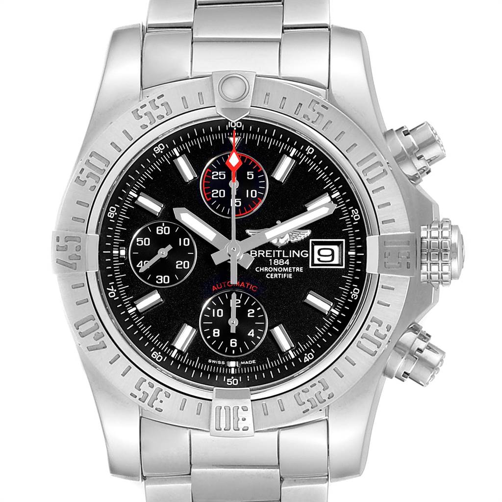 The Breitling Avenger A13381 Men's Stainless Steel Black Dial A13381 Men's Stainless Steel Black Dial watch is shown from a front angle, highlighting the face, bezel, pushers, and bracelet.