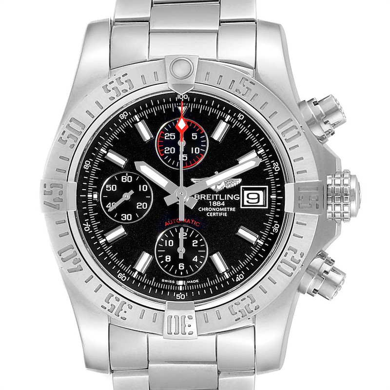 The Breitling Avenger A13381 Men's Stainless Steel Black Dial A13381 Men's Stainless Steel Black Dial watch is shown from a front angle, highlighting the face, bezel, pushers, and bracelet.