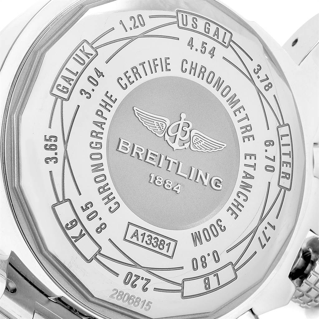 The image shows the back case of a Breitling Avenger A13381 Men's Stainless Steel Black Dial A13381 Men's Stainless Steel Black Dial watch, featuring various engravings and certifications.