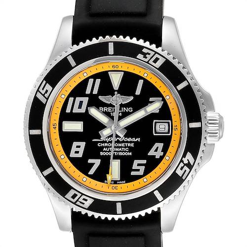 Front view of the Breitling Superocean A17364 Men's Stainless Steel Black Dial A17364 Men's Stainless Steel Black Dial watch, showing the dial, bezel, crown, and part of the strap.