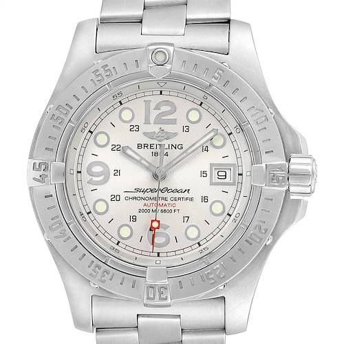 The image shows a front view of the Breitling Superocean A17390 Men's Stainless Steel Silver Dial A17390 Men's Stainless Steel Silver Dial watch, featuring the face, bezel, crown, and part of the stainless steel bracelet.